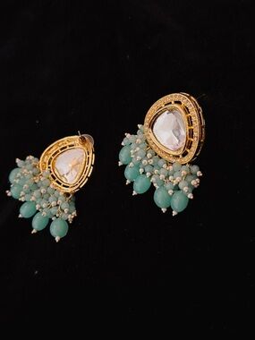 Gold Teardrop Earrings with Mint Green light blue Beads
